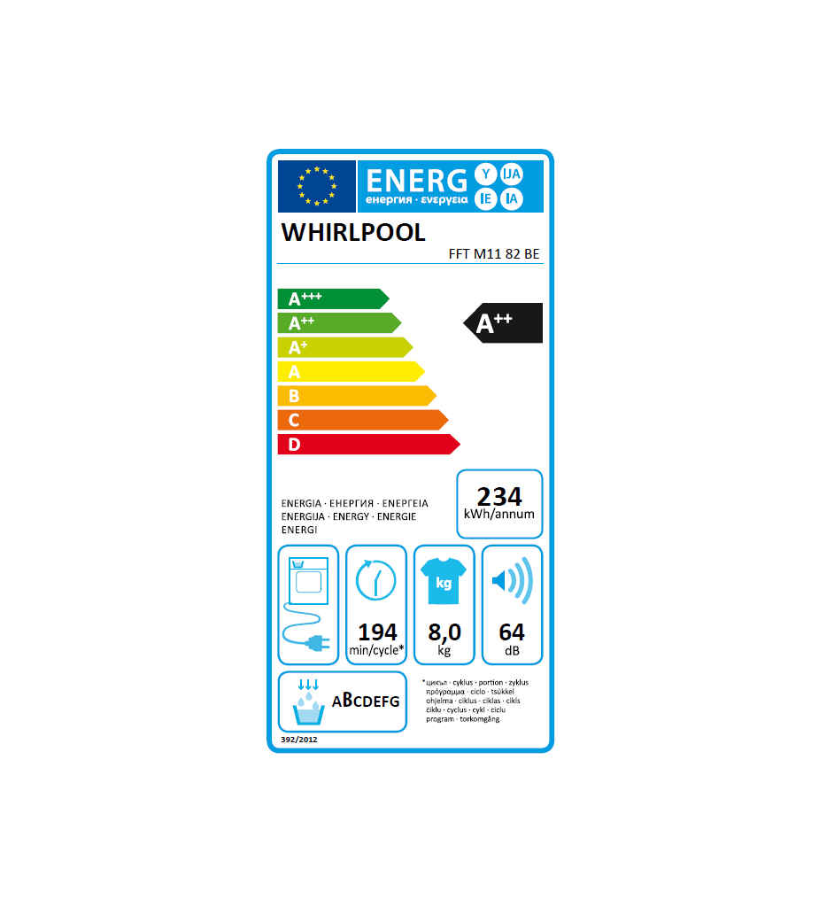 SL PAC 8KG A++ °WHIRLPOOL FFTM1182BE