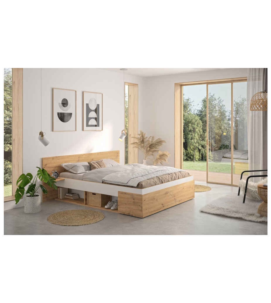 #LIT 160*200 CM-FONCTION-2 TABLETTES (CHEVET)+CASIERS DE RANGEMENTS+TIROIR-1E71036-ANAIS