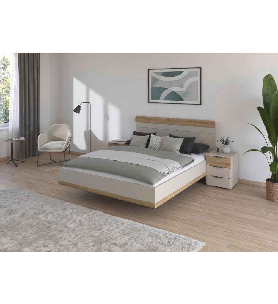 ARMOIRE 2 PT COULISSANTE+LIT 160*200CM+ 2 CHEVETS INCLUS-AG072OTL7.60-CHAMPAGNE/CHENE ARTISAN-SAJO