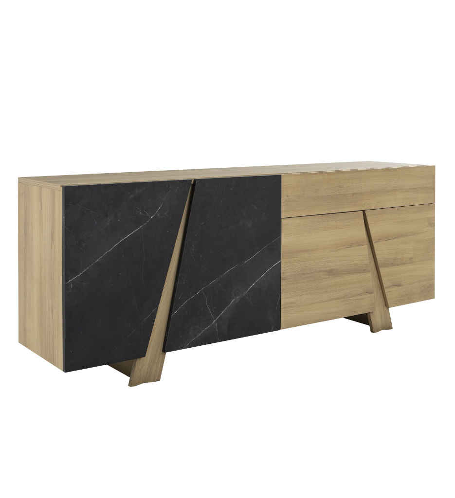 BAHUT 4 PORTES/1 TIROIR-215CM-CHENE DE BOCAGE/MARBRE NOIR-1J3S504-ELENCIA