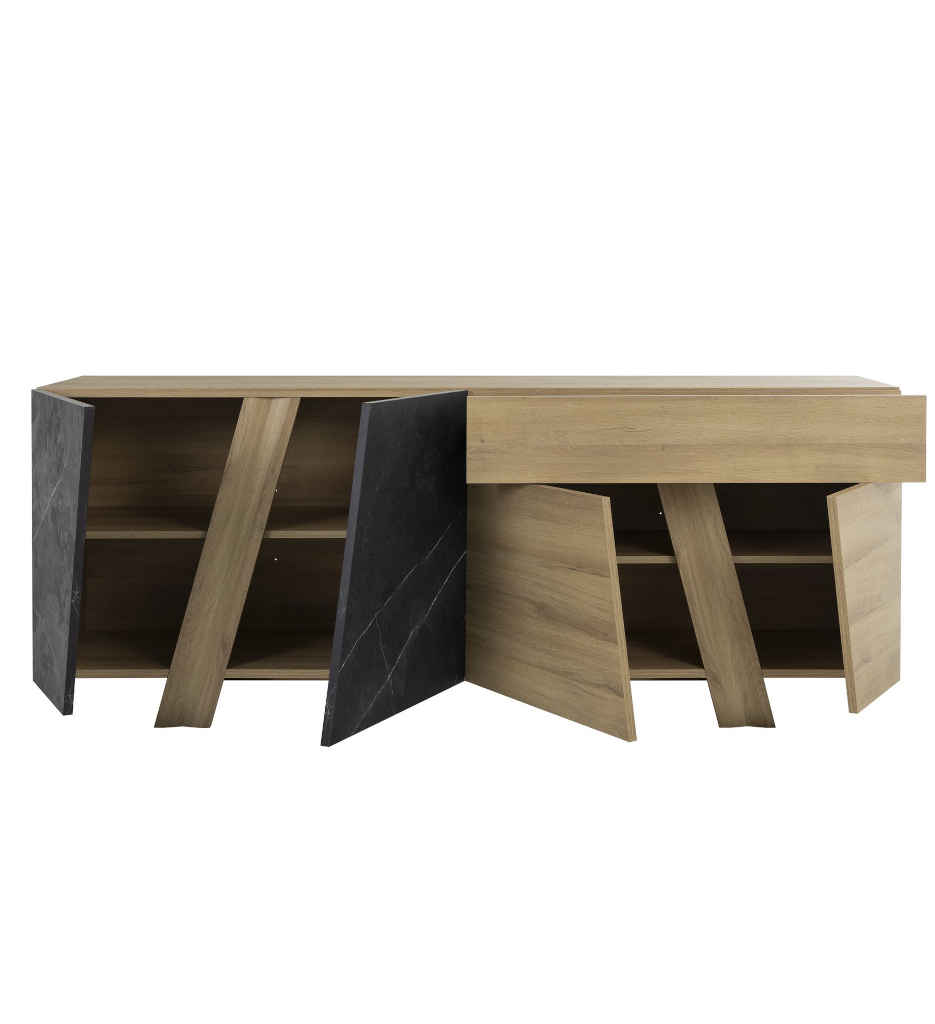 BAHUT 4 PORTES/1 TIROIR-215CM-CHENE DE BOCAGE/MARBRE NOIR-1J3S504-ELENCIA