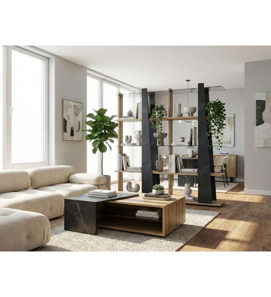 BIBLIOTHÈQUE -CHÊNE DE BOCAGE/MARBRE NOIR-1J3S326-ELENCIA