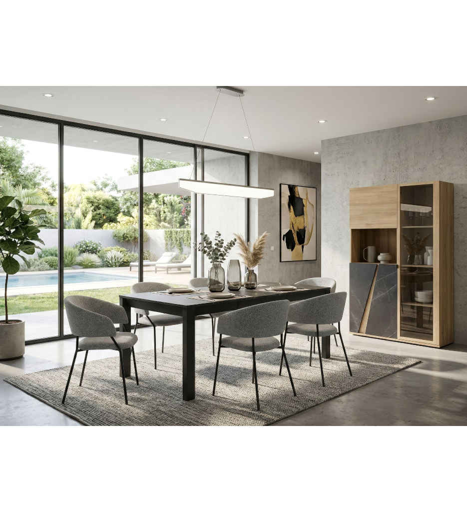 VAISSELIER 4 PORTES-110 CM-CHENE DE BOCAGE/MARBRE NOIR-1J3S250-ELENCIA