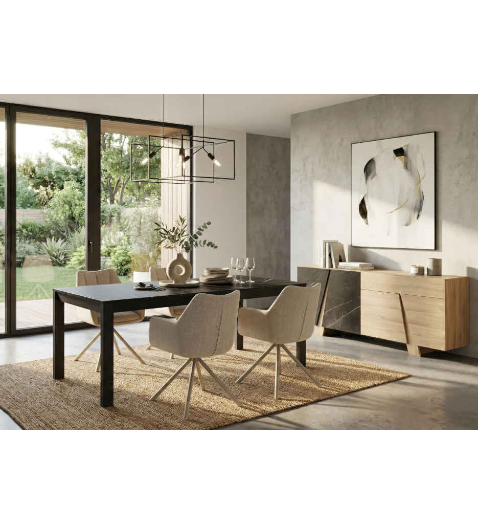 BAHUT 4 PORTES/1 TIROIR-215CM-CHENE DE BOCAGE/MARBRE NOIR-1J3S504-ELENCIA