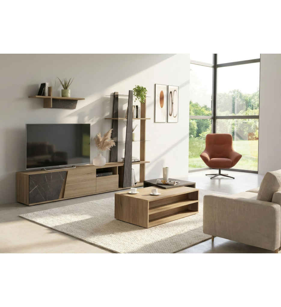 MEUBLE TV 170CM-2 PORTES 1 TIROIR-CHENE DE BOCAGE/MARBRE NOIR-1J3S332-ELENCIA