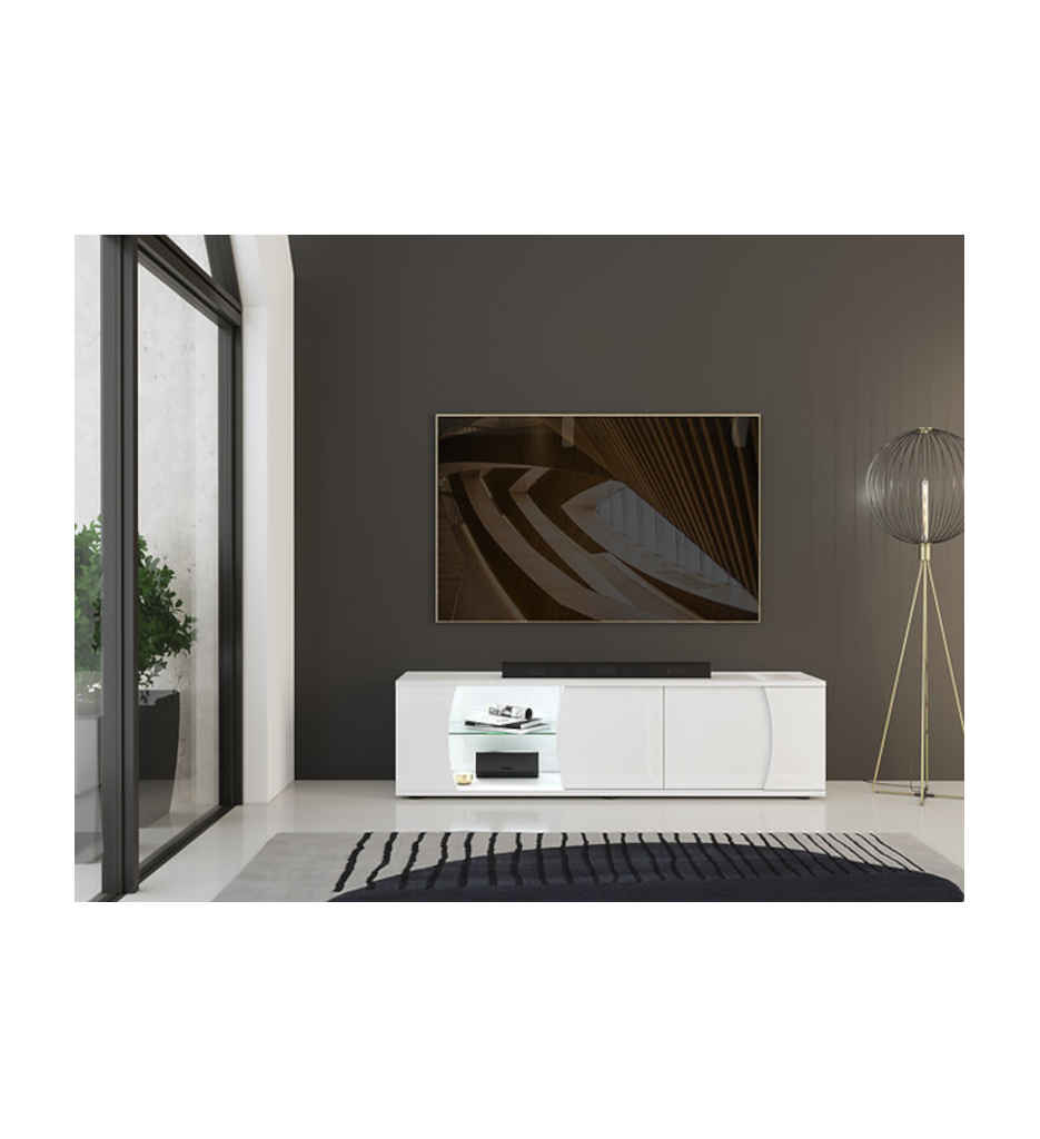 MEUBLE TV 2 PORTES 1 NICHE N°06-L.180CM-25SA3320-LAQUE BLANCHE BRILLANTE-PULP