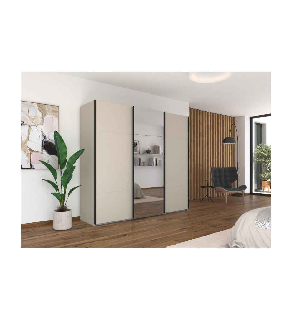 ARMOIRE 3 PORTES COULISSANTES-(1MIROIR)+BLOC TIROIR+LINGERE+FREINS INCLUS-COLORIS CHAMPAGNE+A816S.0KW3-CONTIDO