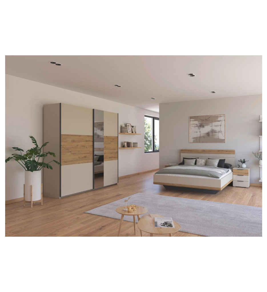 ARMOIRE 2 PT COULISSANTE+LIT 160*200CM+ 2 CHEVETS INCLUS-AG072OTL7.60-CHAMPAGNE/CHENE ARTISAN-SAJO
