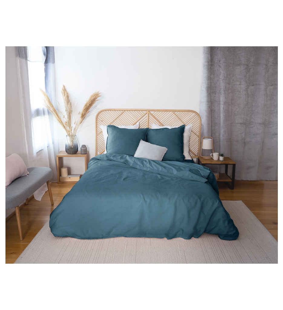 PARURE 240 X 220 COTON-LIN LAVE BLEU MIRAGE