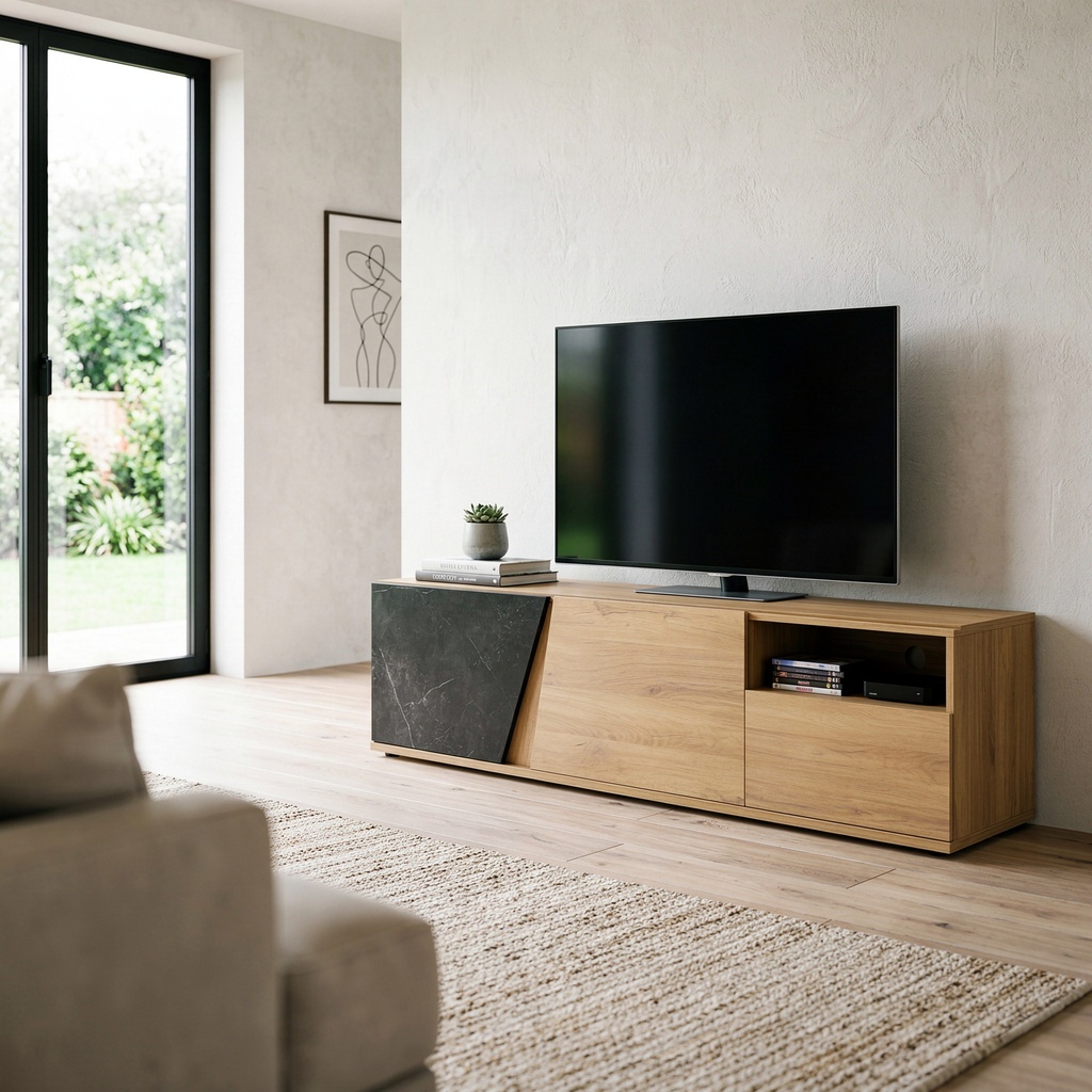 MEUBLE TV 170CM-2 PORTES 1 TIROIR-CHENE DE BOCAGE/MARBRE NOIR-1J3S332-ELENCIA