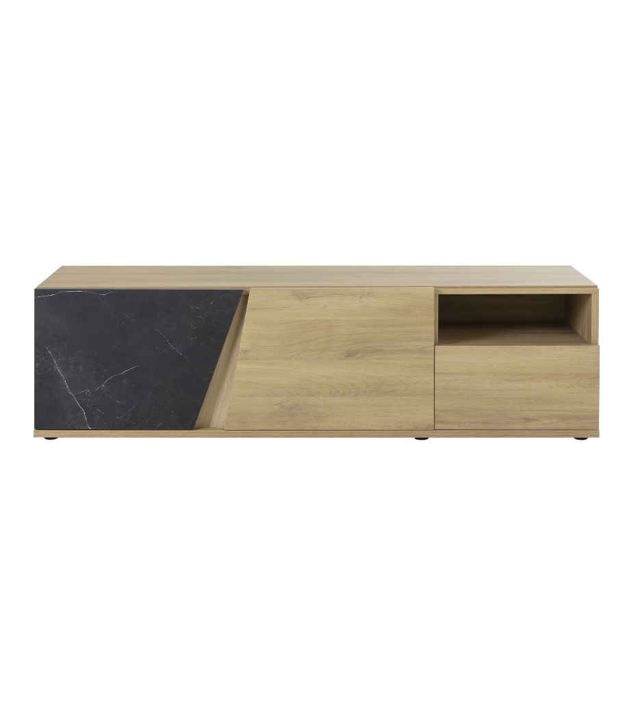 MEUBLE TV 170CM-2 PORTES 1 TIROIR-CHENE DE BOCAGE/MARBRE NOIR-1J3S332-ELENCIA