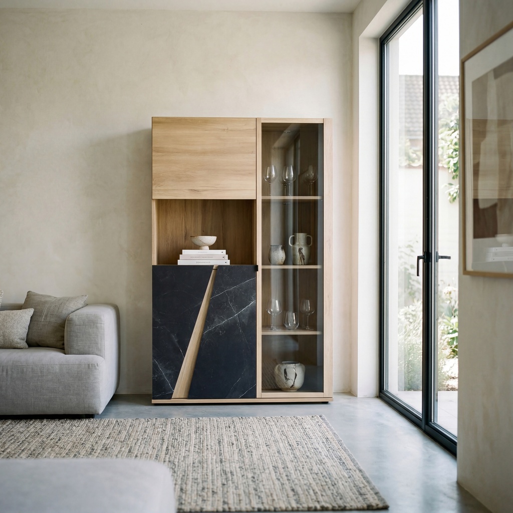 VAISSELIER 4 PORTES-110 CM-CHENE DE BOCAGE/MARBRE NOIR-1J3S250-ELENCIA
