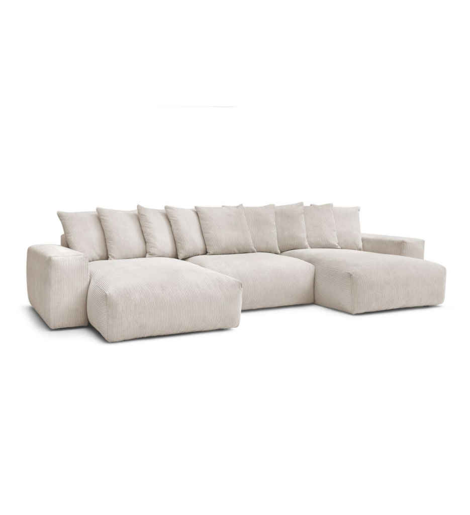 #CANAPÉ D ANGLE PANORAMIQUE CONVERTIBLE+COFFRE-ULTRA MOELLEUX- TISSU VELOURS CÔTELÉ -BEIGE -VOLTAIRE