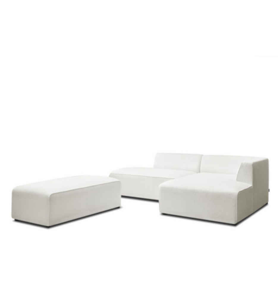 #CANAPE  D'ANGLE  DROIT FIXE+POUF-TISSU BOUCLETTE BLANC-MEGEVE