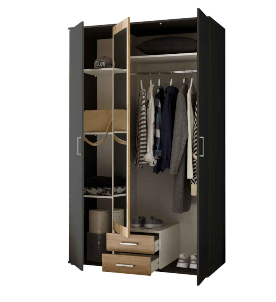 ARMOIRE 3 PORTES/2 TIROIRS/MIROIR-120CM-58-887-T3-GRAPHITE/ARTISAN-HANAU
