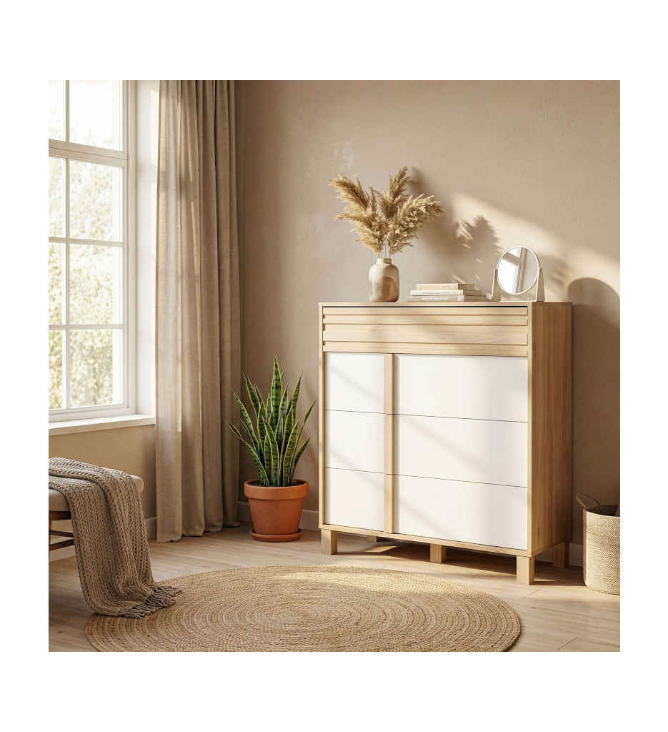 COMMODE 4 TIROIRS-CHATAIGNER NATUREL/BLANC-1H6N160-ARIA