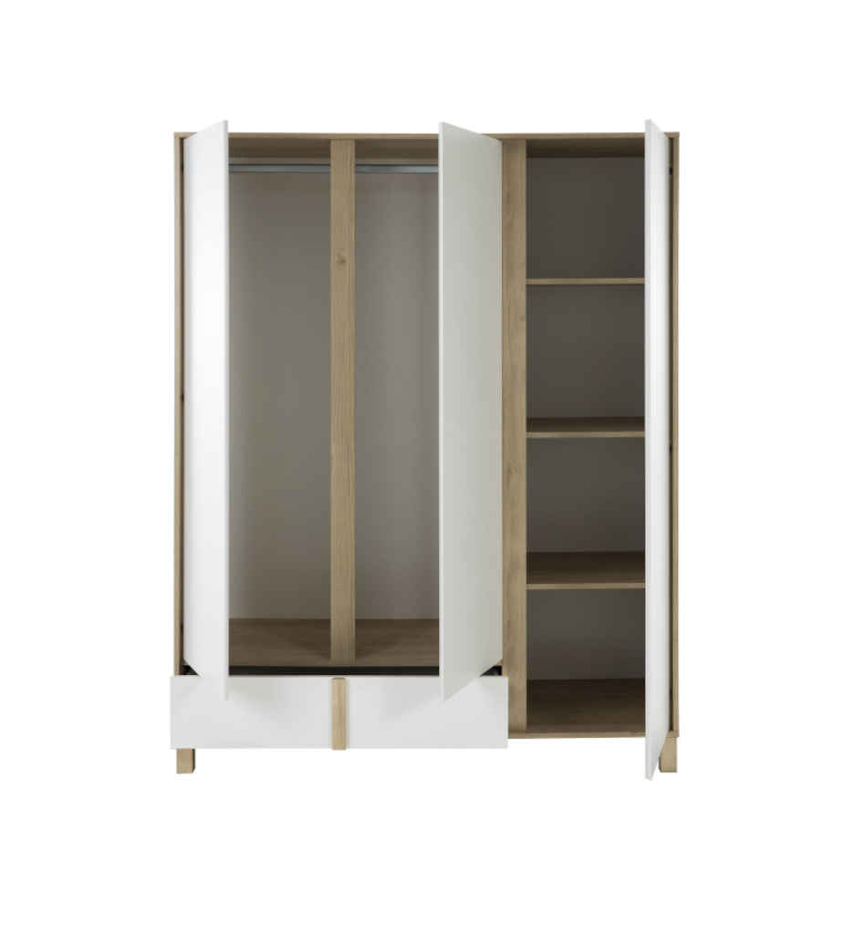 ARMOIRE 3 PORTES/1 TIROIR -CHATAIGNER NATUREL/BLANC-1H6N180-ARIA