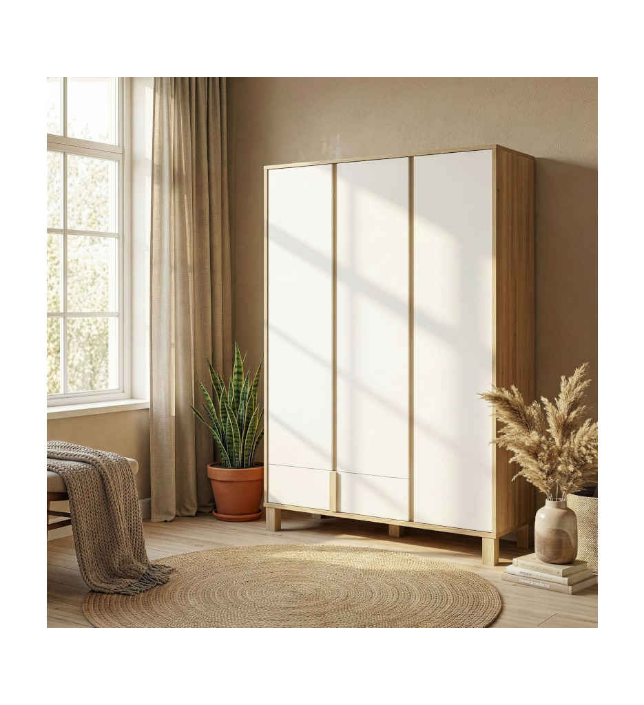 ARMOIRE 3 PORTES/1 TIROIR -CHATAIGNER NATUREL/BLANC-1H6N180-ARIA