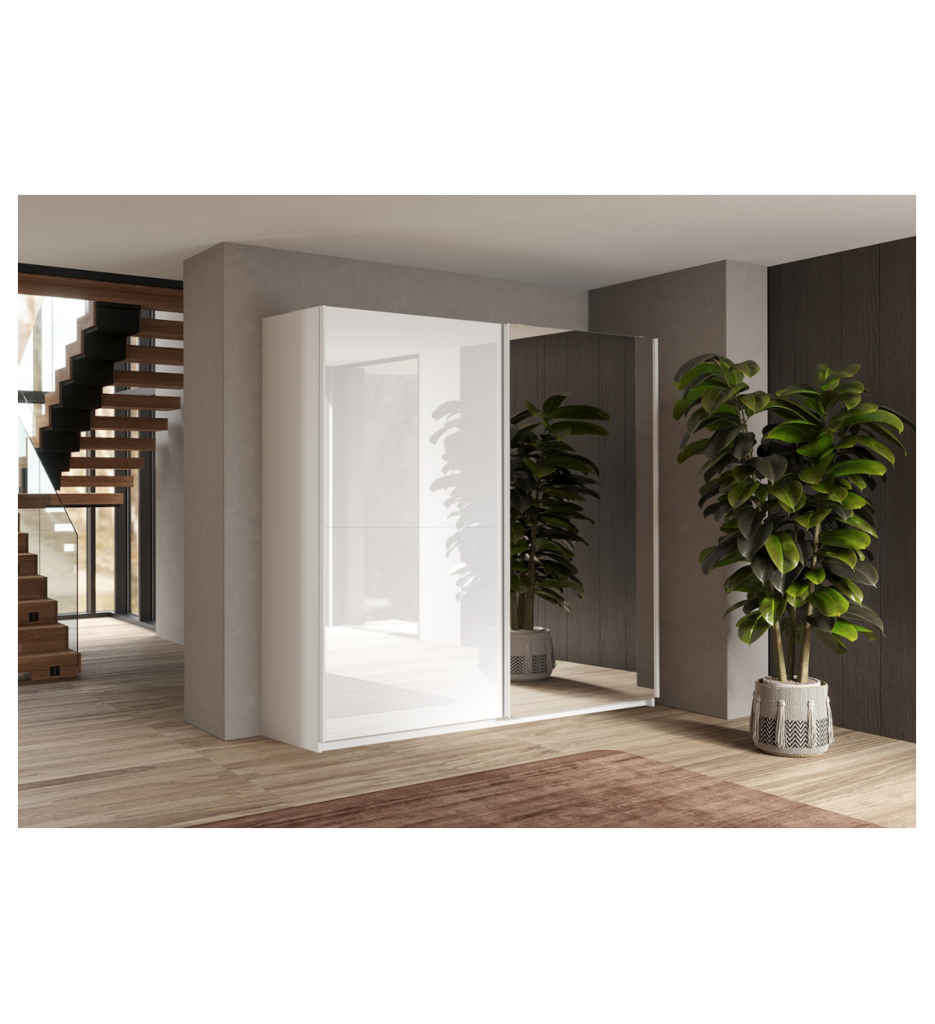 ARMOIRE 2 PORTES-L180CM-AVEC 1 MIROIR AVEC SEPARATEUR+FREINS INCLUS-LAQUE BLANC-629021-180SS2-SWING