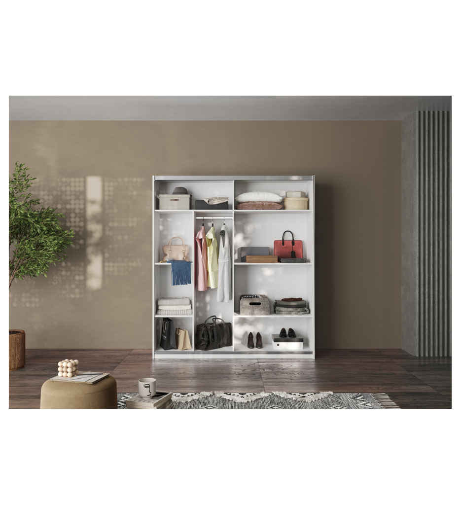 ARMOIRE 2 PORTES-L180CM-AVEC 1 MIROIR AVEC SEPARATEUR+FREINS INCLUS-LAQUE BLANC-629021-180SS2-SWING