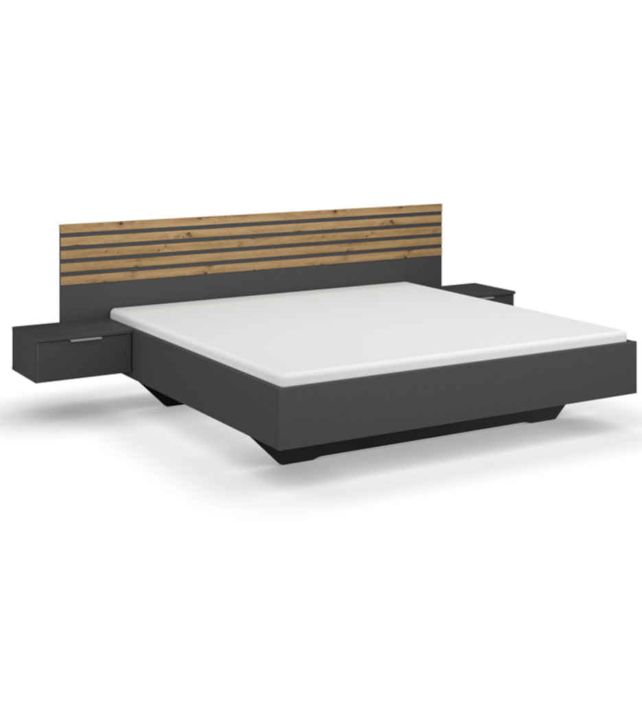 #LIT 160*200 CM + 2 CHEVETS-GRIS METAL/CHENE ARTISAN-AG198.0LR1-BG 6060-LAMELLA