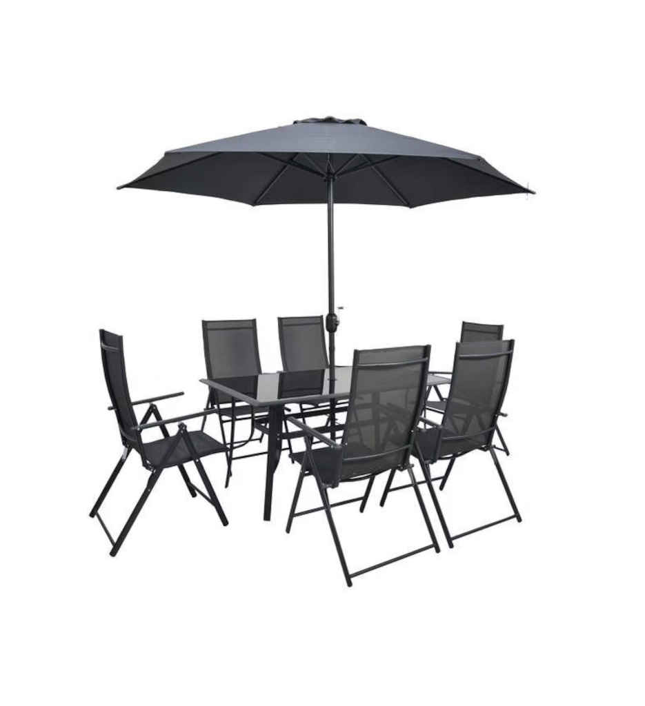 Salon de jardin UMBRELLA table 150 cm + 6 fauteuils pliants + parasol