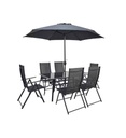 Salon de jardin UMBRELLA table 150 cm + 6 fauteuils pliants + parasol